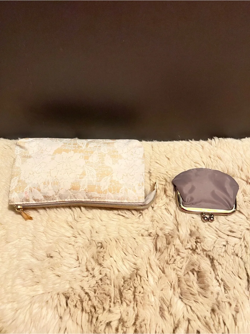 Floral pPrint Cosmetic Pouch and Satin kiss lock Coin Purse Set - Cream & Gray